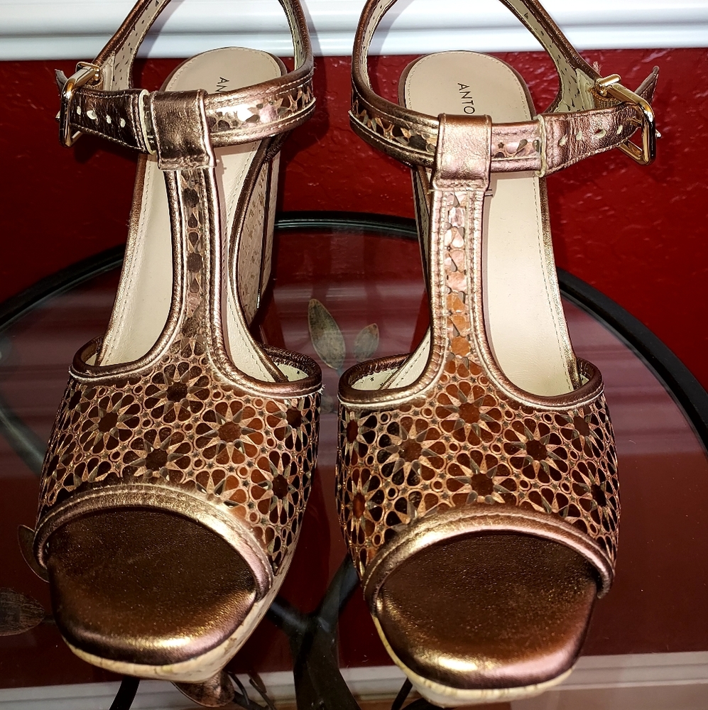 Antonio Melani Copper Metallic Leather Cork T- Strap Wedge  Sandal Size 9M
